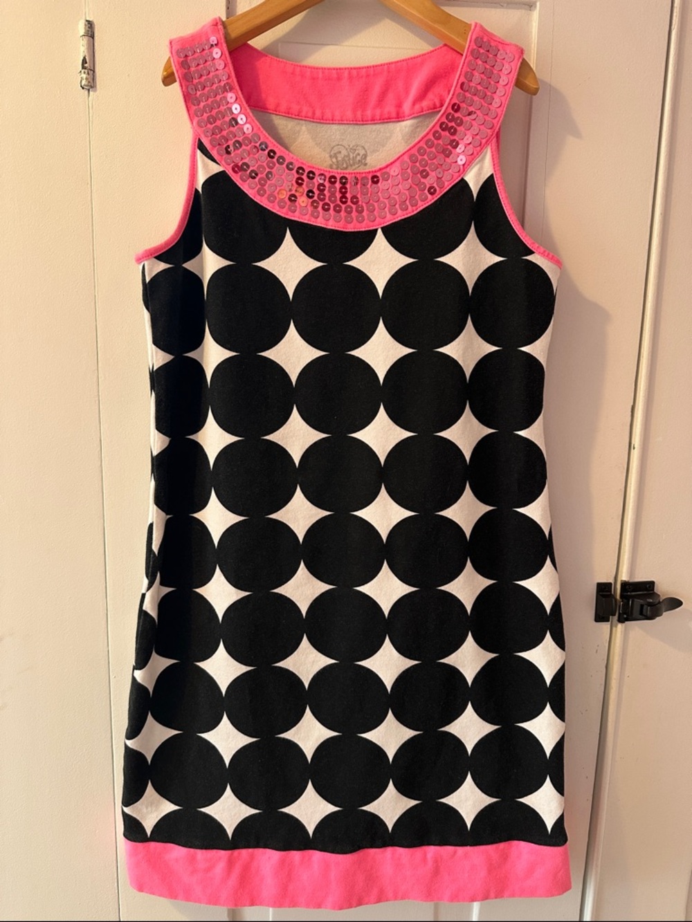 Justice Girls Black White Polka Dot Pink Sequin‎ Neck Sleeveless Dress Size 14
